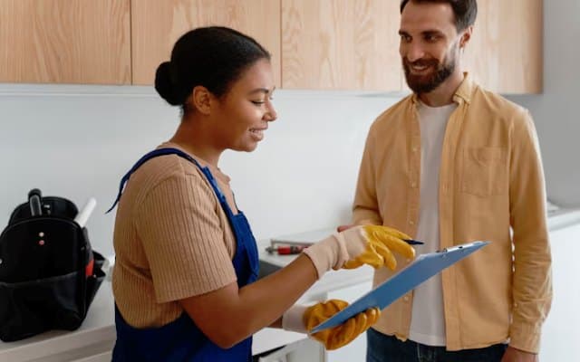 Cleaning professional speaking with a homeowner or client