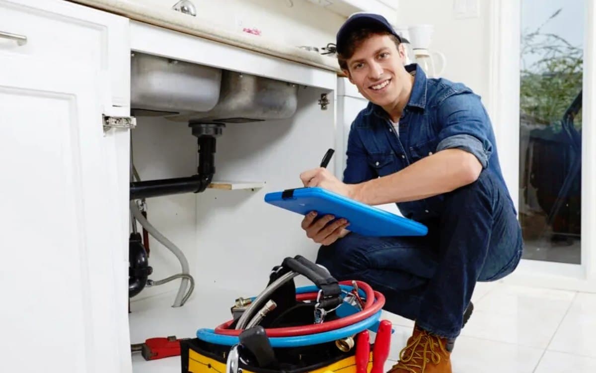 Plumber working with tools on a residential job site