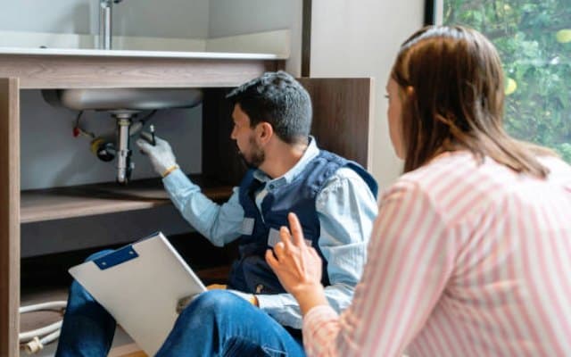 Plumbing technician speaking with a homeowner about a repair